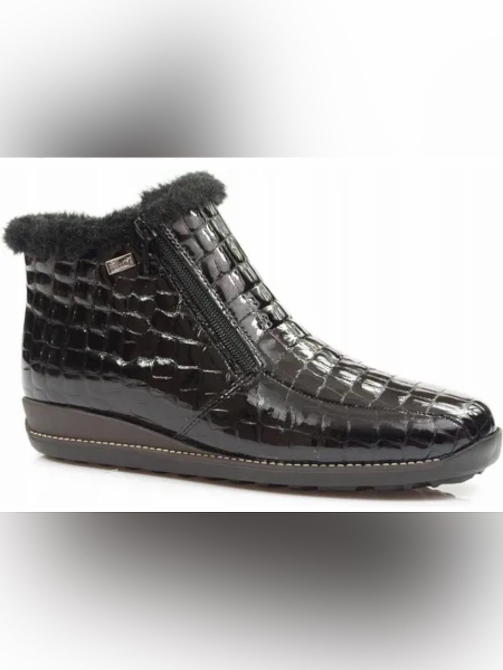Reiker Black Croc-Embossed Faux Fur-Lined Women's Ankle Boot w 2 fitted zippers
